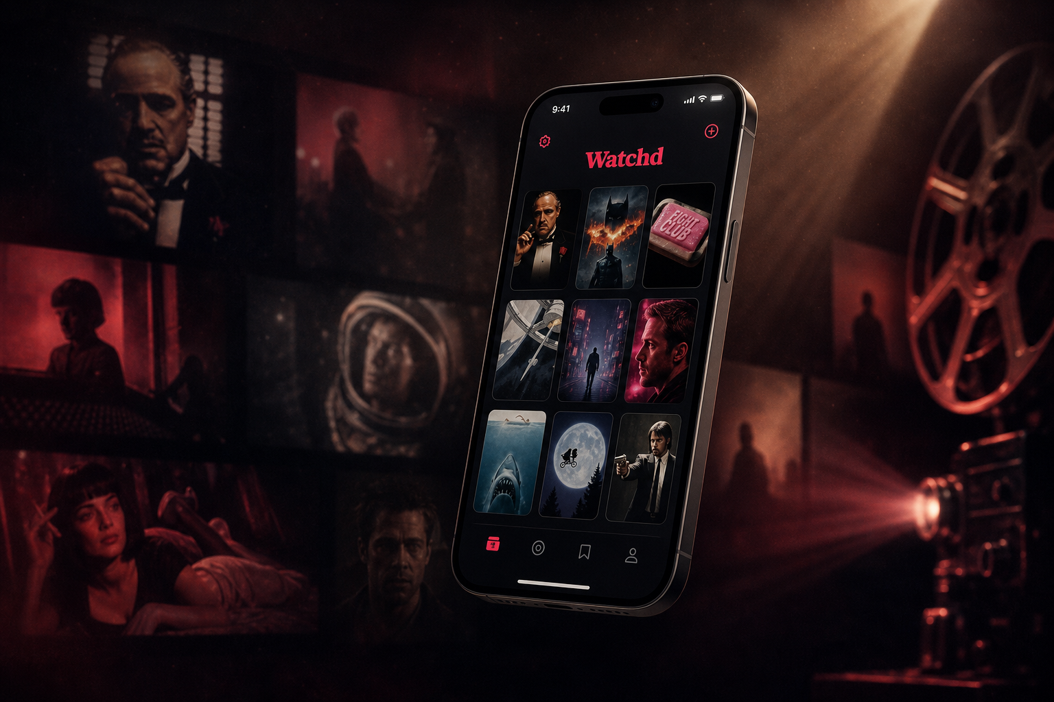 Watchd app on iPhone, floating against a cinematic film-collage backdrop